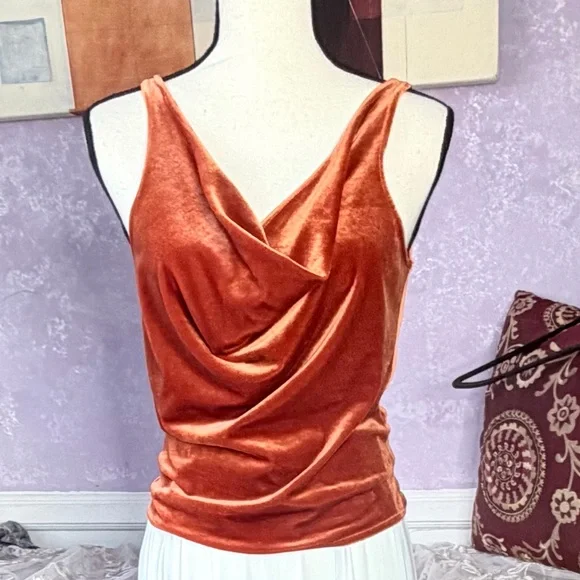 Striking Burnt Orange Velvet Cowl Neck Drape Top